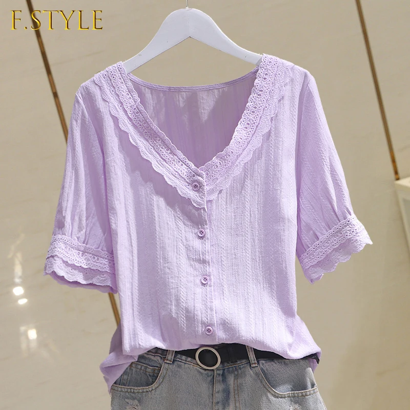 Lace Cotton Patchwork Women Shirts Summer New V-Neck Solid Short-Sleeved Slim Casual All Match Female Outwear Tops enlarge