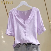 lace cotton patchwork women shirts summer new v neck solid short sleeved slim casual all match female outwear tops