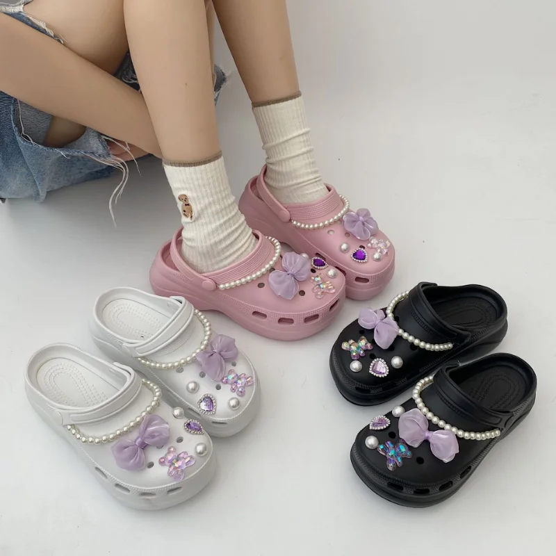 Creative Pearl Bow Tie Hole Shoes Shoe Charms Decoration Shoe Buckle Lovely Jeweled Bear 3D Croc Shoes Flower Accessories