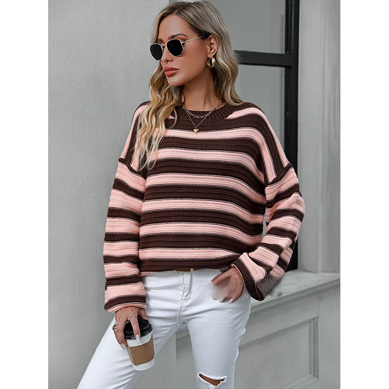 

Striped Sweater Women Autumn Winter Vintage Warm Pullover Sweater Female Elegant Knitwear Retro Loose Round Neck Jumper Ladies