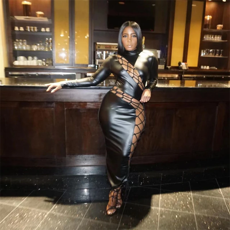 

Unique Lace Up Bandage PU Leather Maxi Dress Women Sexy Hollow Out Stretchy Turtleneck Long Sleeve Bodycon Night Party Clubwear