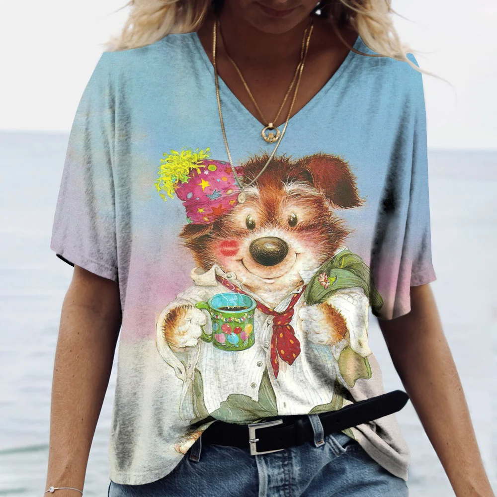 

Women's V-neck Top Short Sleeve T-shirts Summer New 3D Cute Dog Print Casual Lovely Harajuku Versatile Y2K Clothes European Size