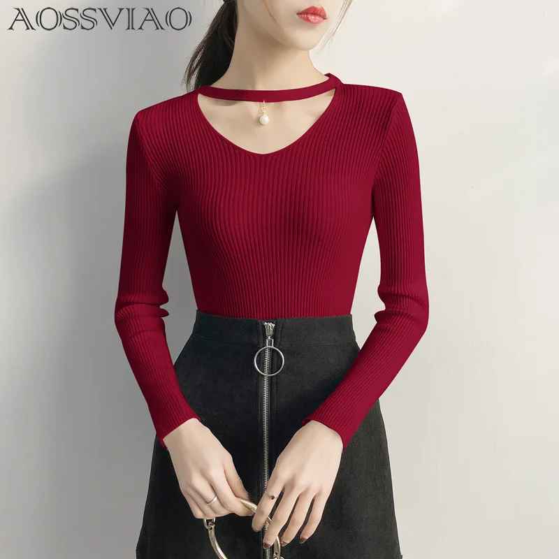 

V Neck Sweaters Women 2023 Autumn Winter Long Sleeve Sexy Slim Tops Solid Streetwear Knitted Korean Pullover Burgundy