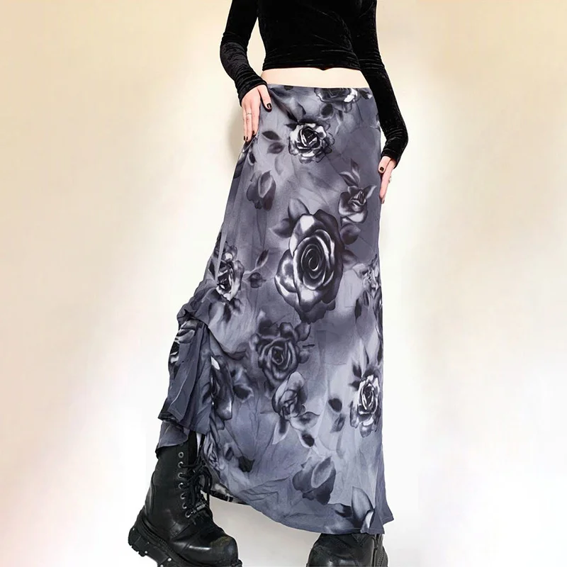 

Gothic Skirts Ins Temperament Personality Dark Rose Screen Print Long Skirt Autumn Winter Fashion Women Skirts Female Clothing