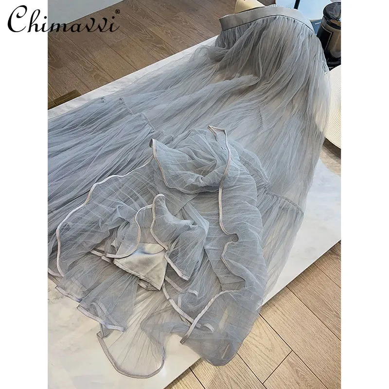 

Sweet Long Skirts Women's Summer New High-Grade A- Line Skirt Slim-fit High Waist Gauzy Package Hip Pleated Ladies Skirts