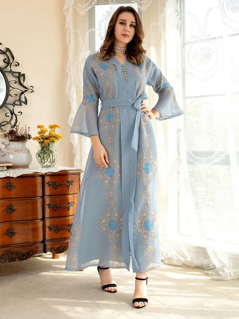 Turkey Dresses For Women Luxury Embroidered Long Dress Flared Sleeves Belted Kaftan Muslim Party Robe Abaya Ramadan