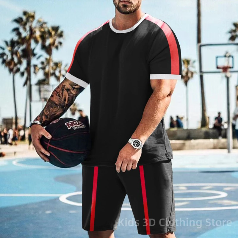 

Комплект мужской футболки, модный летний мужской спортивный костюм, повседневный тренировочный костюм для бега, футболка с коротким рукавом и искусственная кожа, мужская одежда