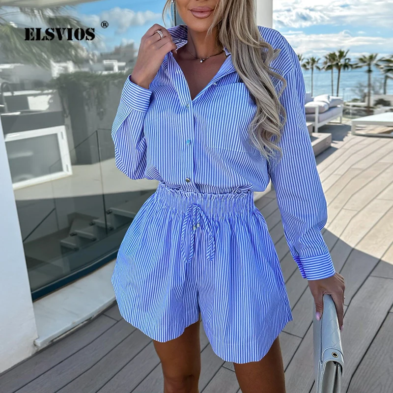 

Casual Fashion Striped Shirt And Shorts Set Spring Autumn Elegant Suit Lady Office Turn-down Collar Long Sleeve Slim 2 Piece Set