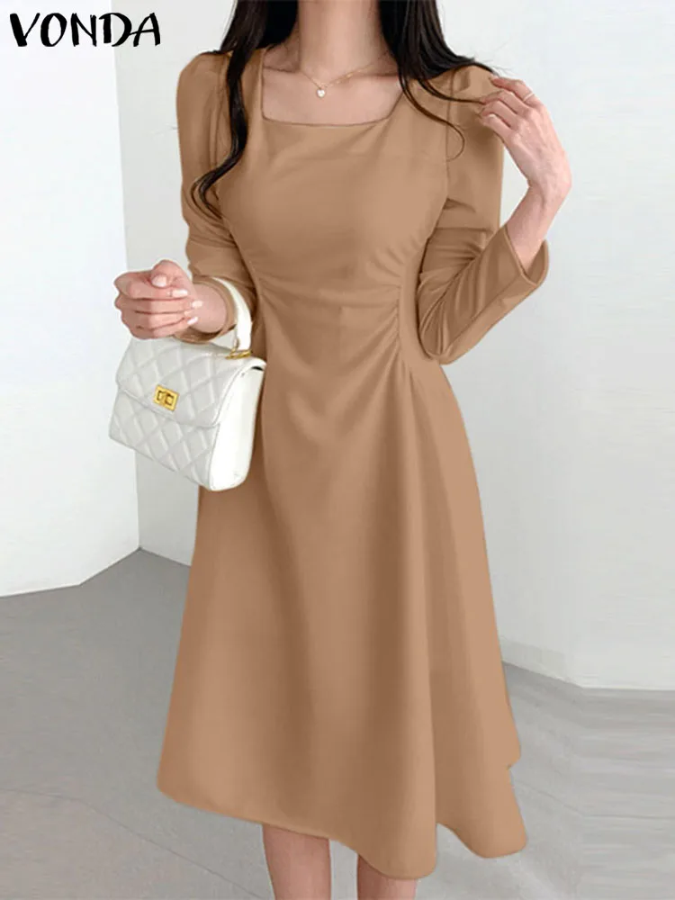 

Платье VONDA женское летнее с квадратным вырезом, пикантный элегантный плиссированный сарафан средней длины, повседневный однотонный длинный сарафан с длинным рукавом, 2023