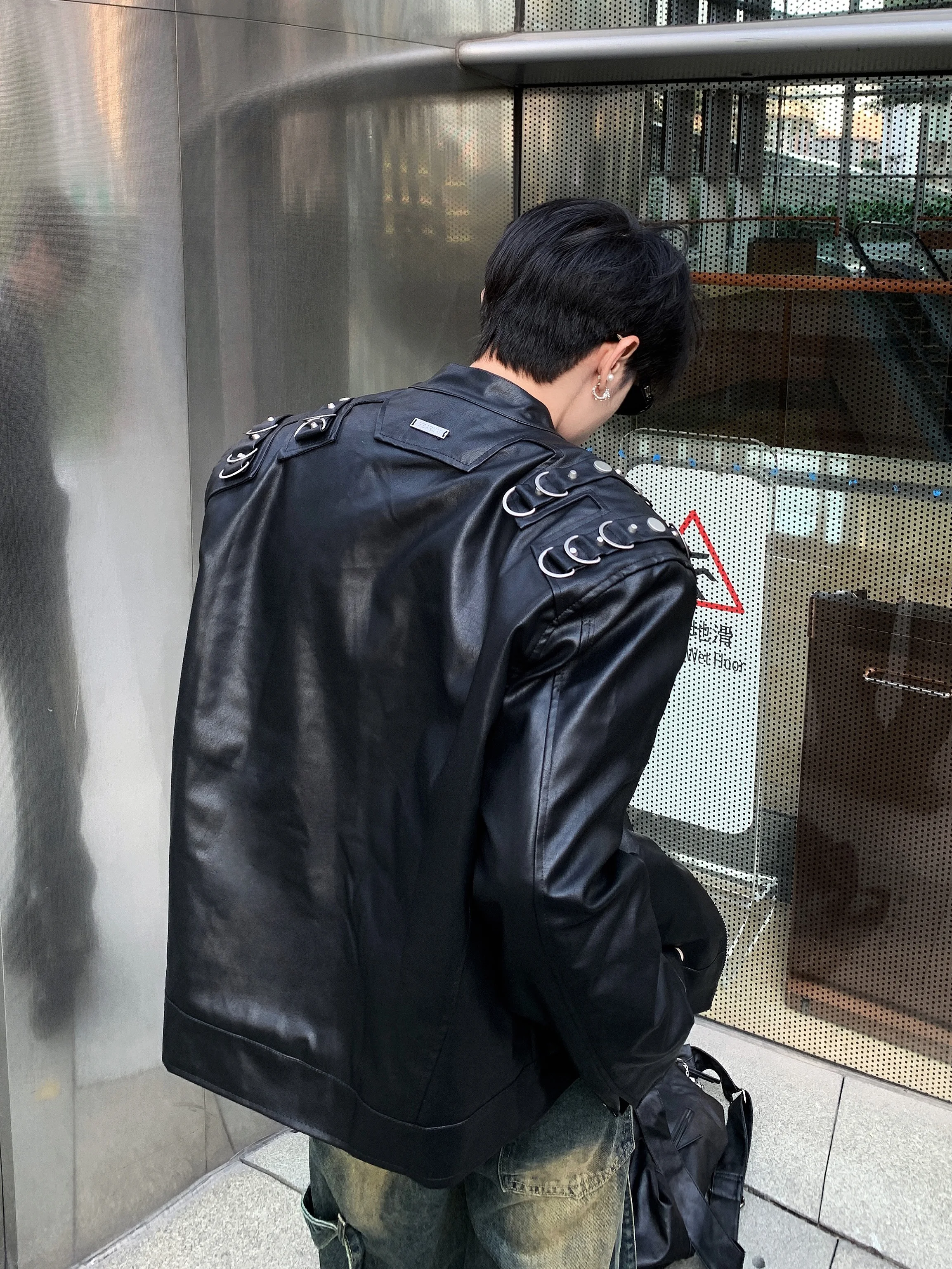 0H Studios/American vintage Distressed Shoulder Pad Motorcycle Leather Coat Outerwear Men's Design Sense Quilted Crop jacket