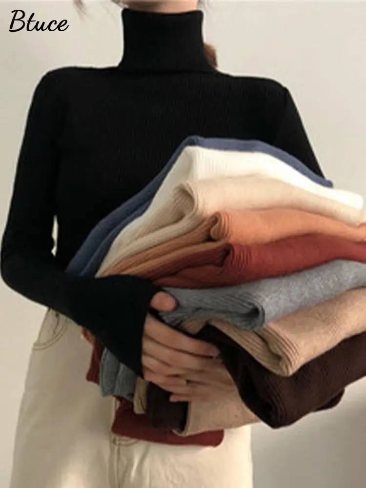 

Women Solid Elastic Slim Turtleneck Sweaters Female Long Sleeve Soft Warm Knitted Pullovers 2022 Autumn Lady Basic Jumper Tops