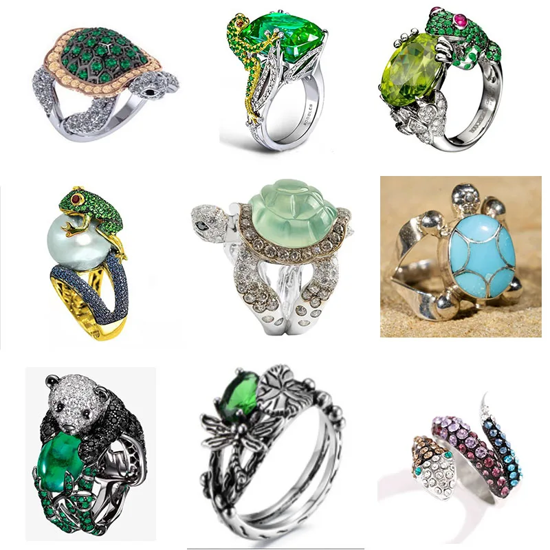 

2022 Fashion Jewelry Mixed Styles Creative Lovely Frog Panda Sea Turtle Snake Animal Female Ring for Women Party Accessories