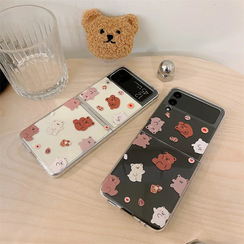 

Cartoon Bears Phone Stand Transparent Case for Samsung Galaxy Z Flip 3 Z Flip 4 Hard PC Back Cover for ZFlip3 ZFlip4 Case Shell
