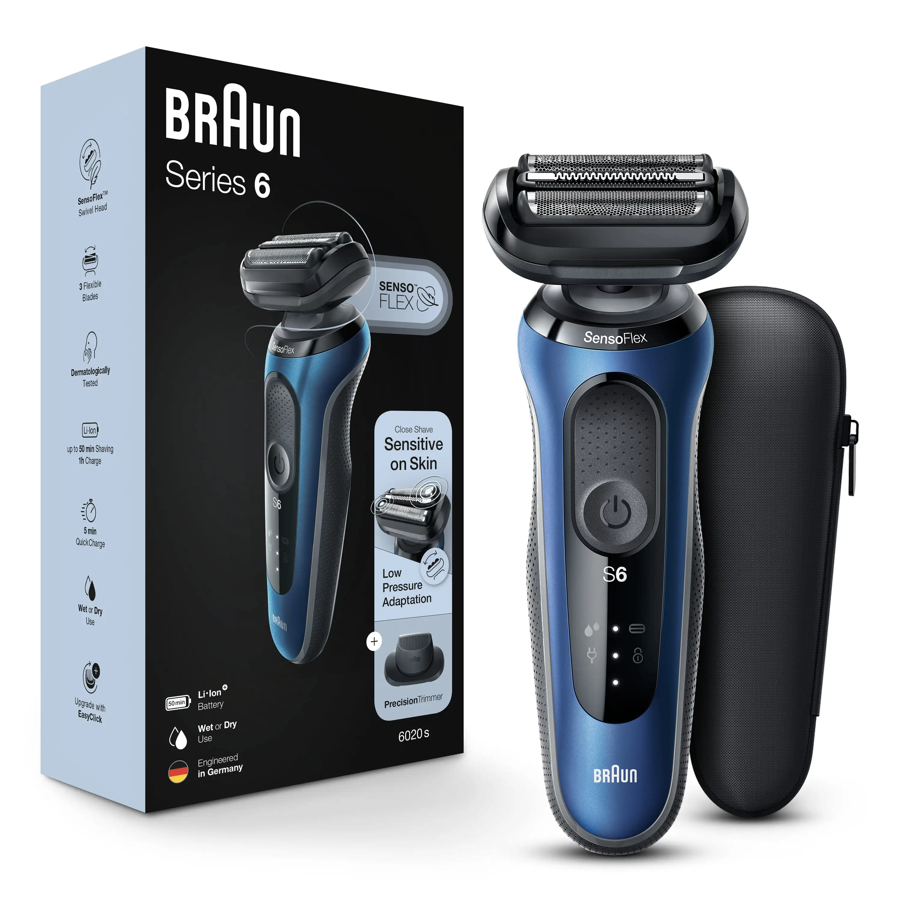 

Braun Series 6 6020s Electric Shaver with Precision Trimmer for Men, Wet & Dry, Rechargeable, Cordless Foil Shaver, Blue