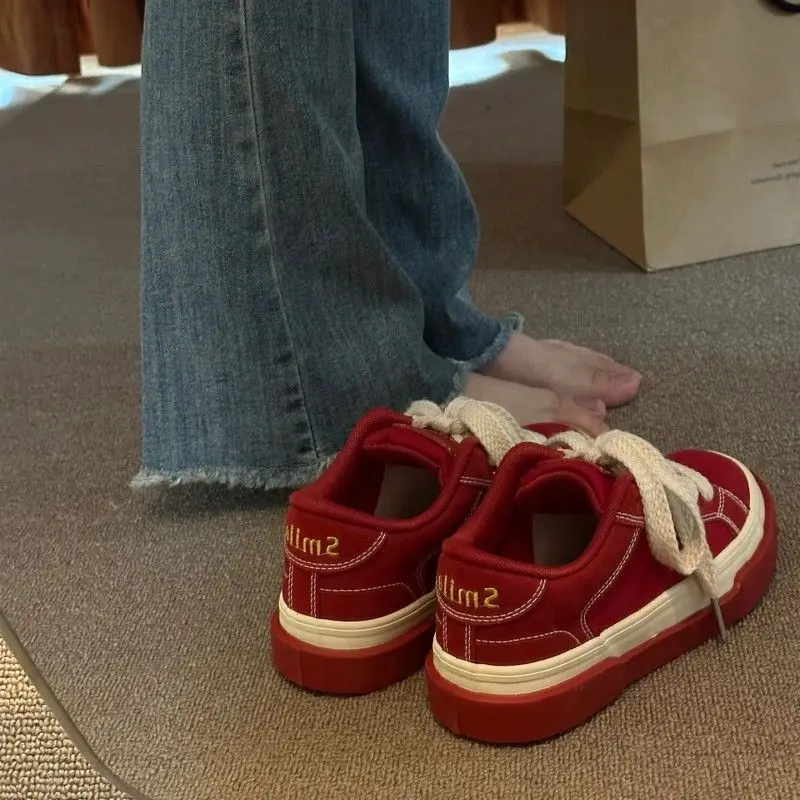 SHANPA Vintage Red Canvas Low-top Women Sneakers Casual Letter Embroidery Skateboard Shoes Students Flat 2023 Fashion Zapatillas