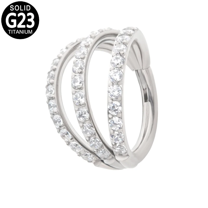 G23 Titanium Nose Ring Hoop Septum Clicker Piercing  3 Side CZ Pave Ear Cartilage Helix Tragus Earrings Hinged Segment Jewelry