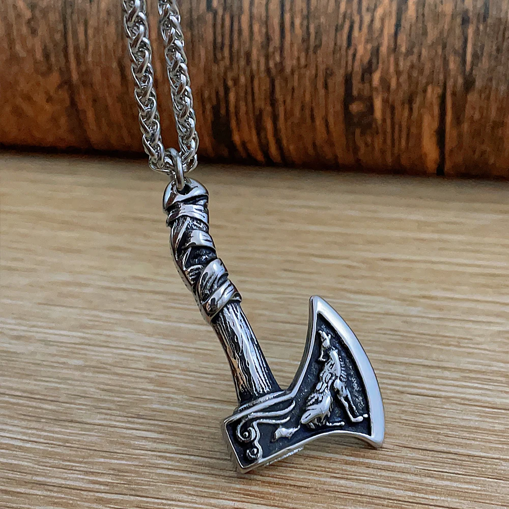 

Viking Axe Pendant Necklace Men Vintage Slavic Odin Amulet Stainless Steel Wolf and Crow Necklace Fashion Charm Jewelry Gift
