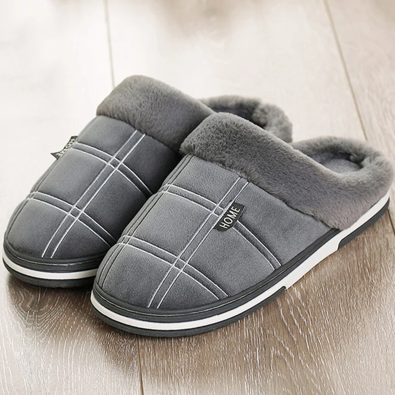 Winter Plus Size 45-50 Household Fashion Gingham Warm Comfy Indoor Slippers For Male Short Plush Bedroom Shoes