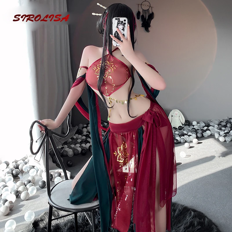 

SIROLISA Sexy Mesh Lingerie Outfit Halter Lace Floral Long Dress Anime Cosplay Nightdress Women Chinese Classical Costumes 2022
