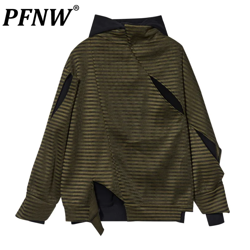 

PFNW Autumn Winter New Men's Coats Breathable Sweatshirts Two-piece Striped Stand Collar Pullover Punk Chic Tops 28A0070