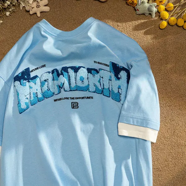

Blue Letter Embroidery Fake Two Piece Short Sleeve Oversized T Shirt for Women Casual Harajuku Tshirt Summer Korean Streetwear