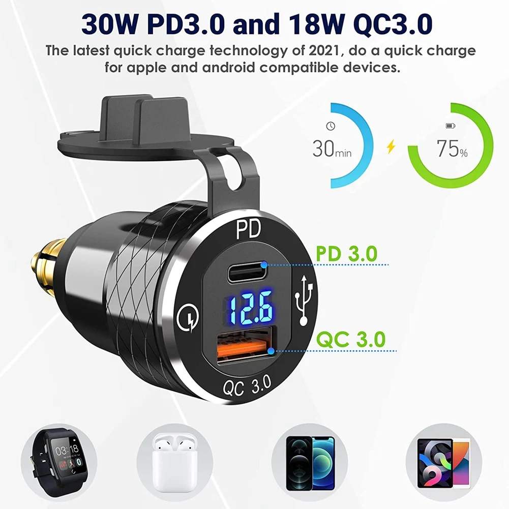 Быстрое зарядное устройство PD 3.0 Type C USB разъем Din к и 18 Вт QC розетка с вольтметром