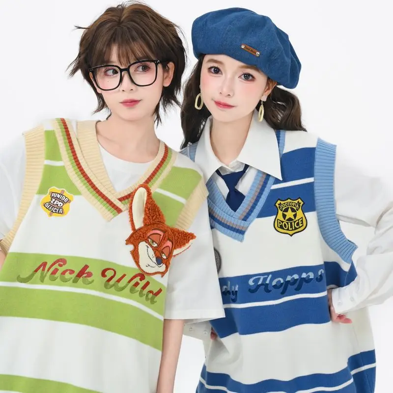 

Original Zootopia Knitted V-Neck Vest Cartoon Judy Hopps Nick Wilde Loose Striped Sweater Kawaii Versatile Cute Girl Sweater Top