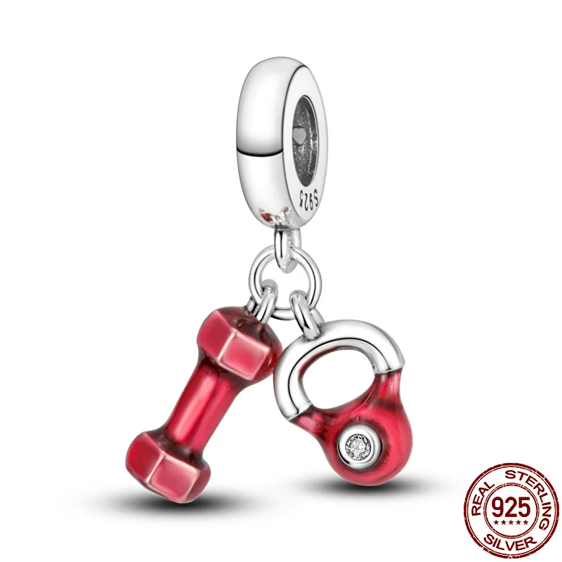 New 925 Sterling Silver Red Dumbbell & Weight Lifter Charm Fit Original  925 Silver Bracelet Beads for Women Jewelry Gift