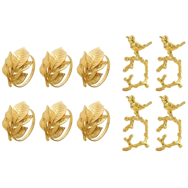 

6Pcs Table Decoration Golden Leaf Napkin With 4Pcs Bird Napkin Ring Model Room Hotel Napkin Buckle