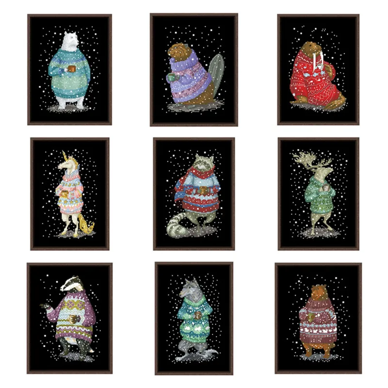 

Набор для вышивки крестиком с изображением животных в свитере, черная хлопковая вышивка «сделай сам» на холсте, 18 карат, 14 карат, 11 карат, Нас...