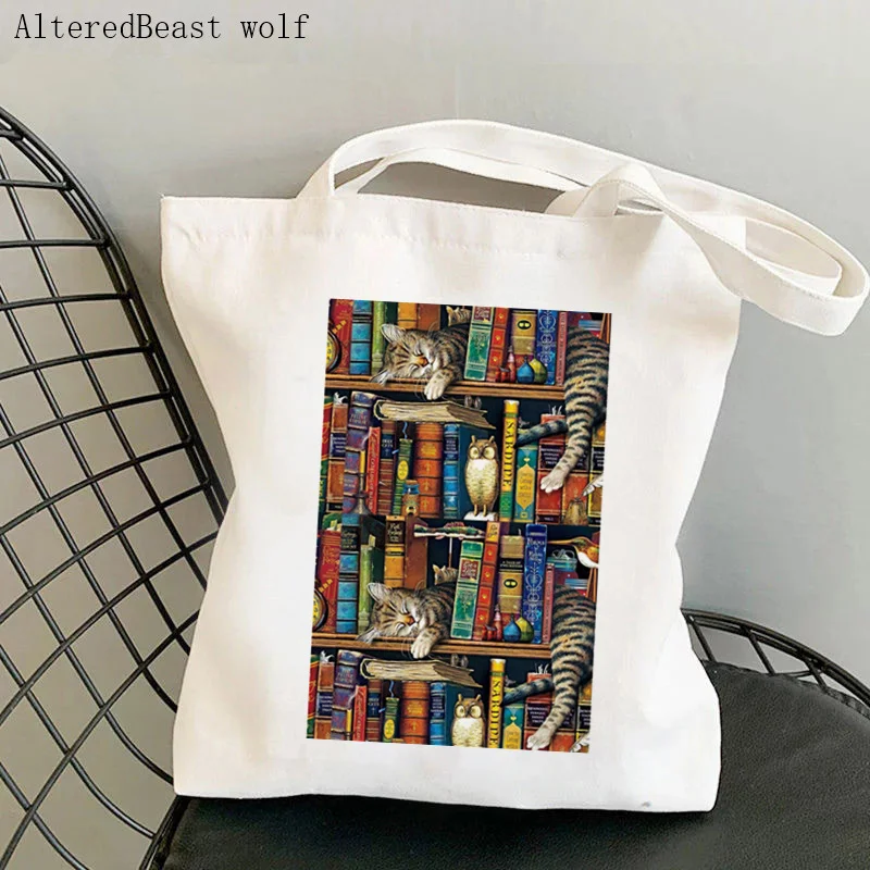 

Women Shopper bag cat sleep in a bookshelf Printed Bag Harajuku Shopping Canvas Shopper Bag girl handbag Tote Shoulder Lady Bag