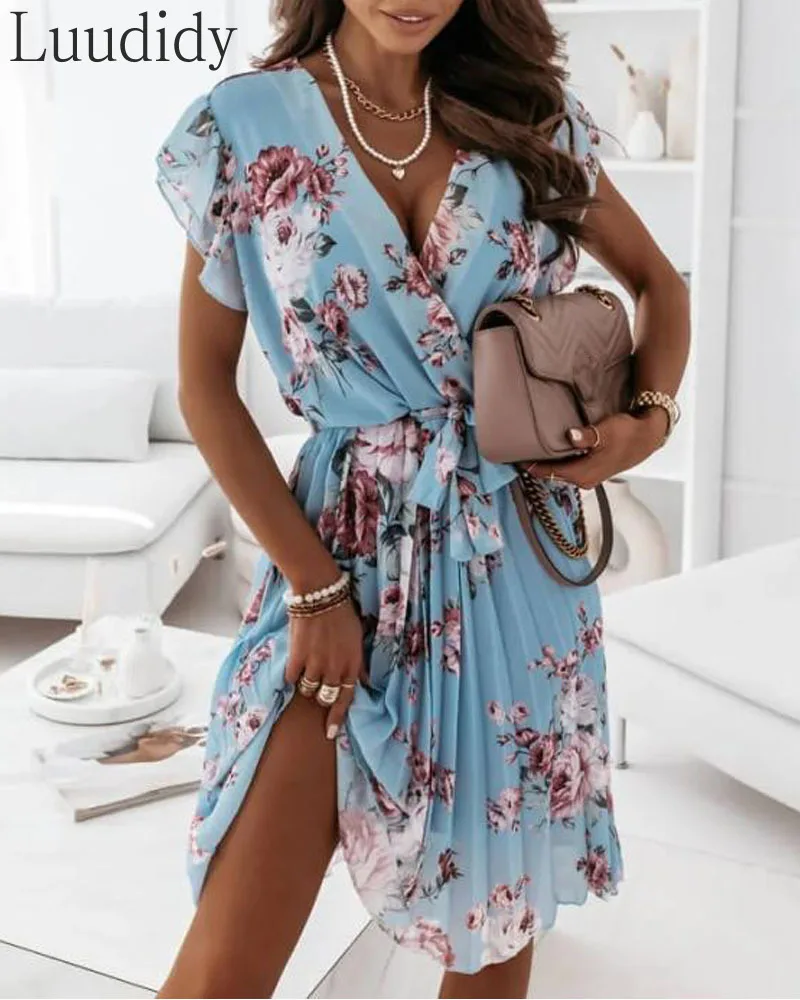 

Floral Print Pleated Belted Wrap Dress