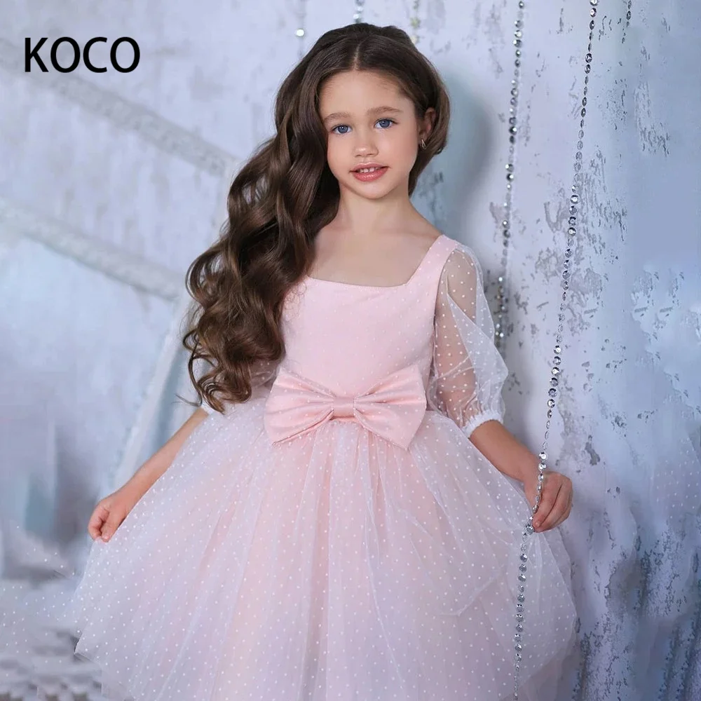 

JONANY Cute Flower Girl Dress Polka Dot Bow Half Sleeve Square Neck Princess First Communion Ceremony roupas de florista