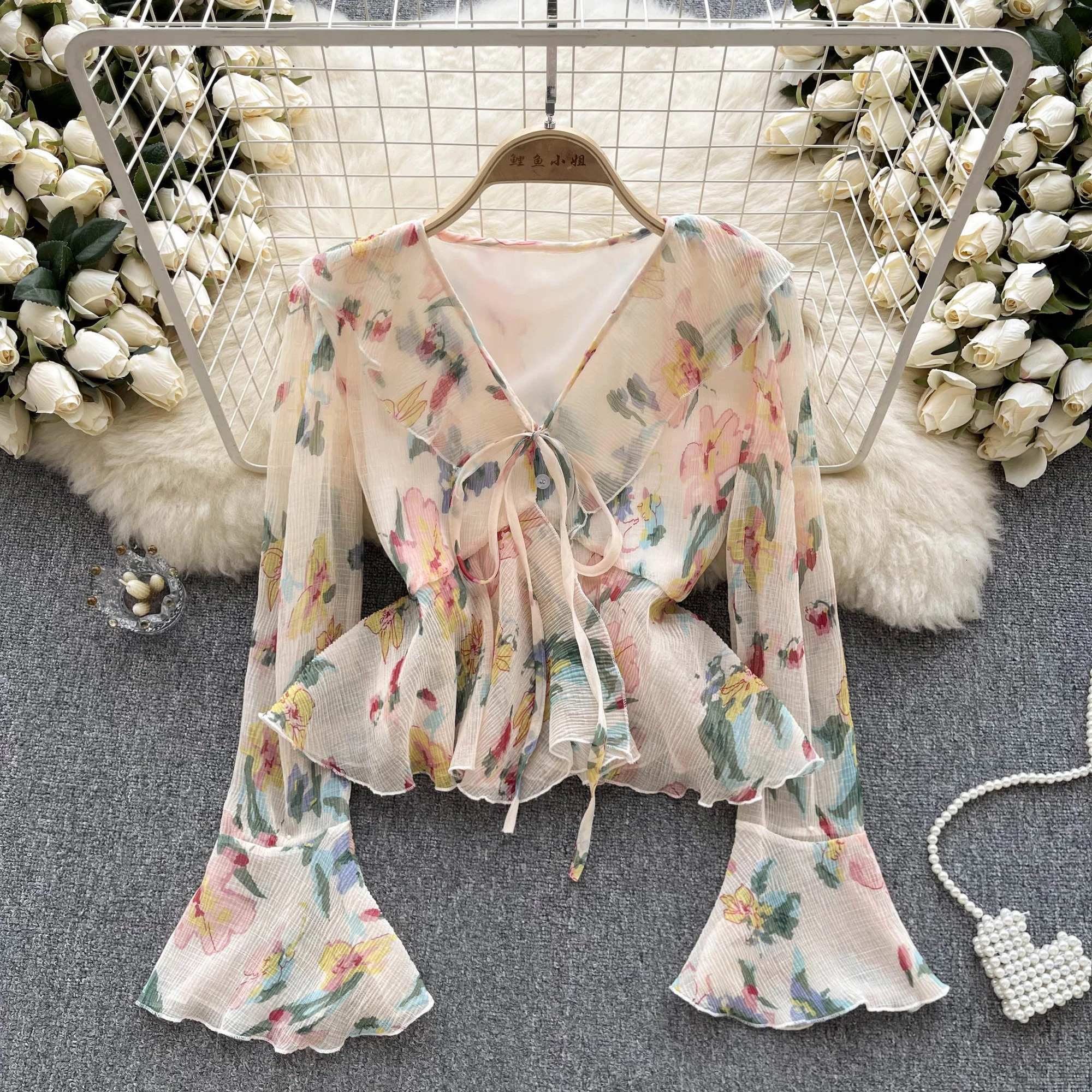 

Женская шифоновая блузка с длинным рукавом, с принтом