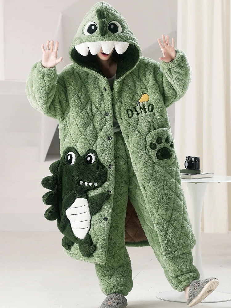 Pajamas Men's Autumn and Winter Coral Fleece Three-Layer Quilted Thickened Velvet Nightgown for Teenagers Older Children ...