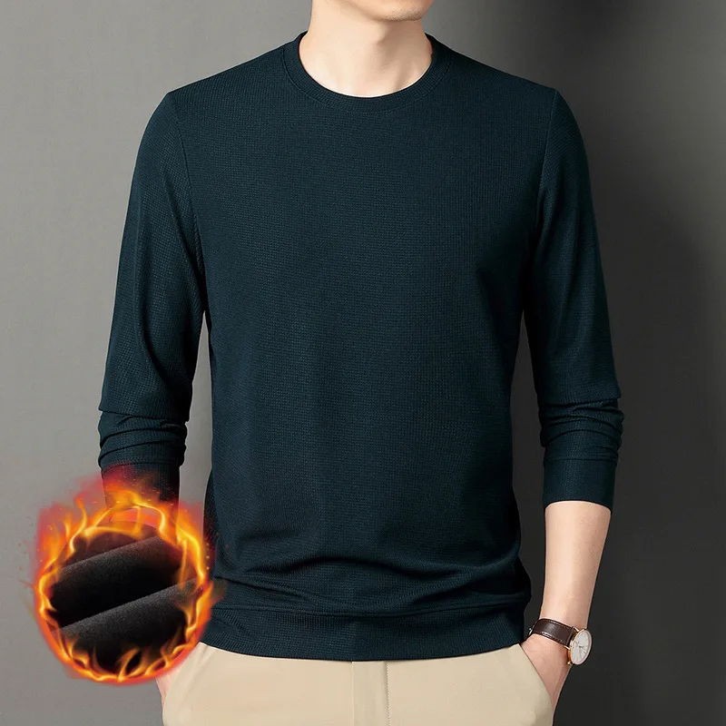 

2023 Winter New Men's Mid Youth Waffle Neckline Waffle Fashion Plush Thickened Long Sleeve T-shirt Sweater