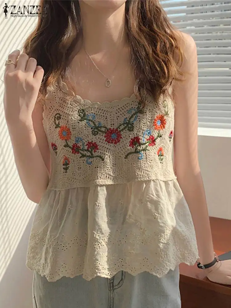 

Топ ZANZEA женский с круглым вырезом, элегантный ажурный вязаный крючком топ с баской и цветочной вышивкой, модная майка без рукавов, в стиле пэ...