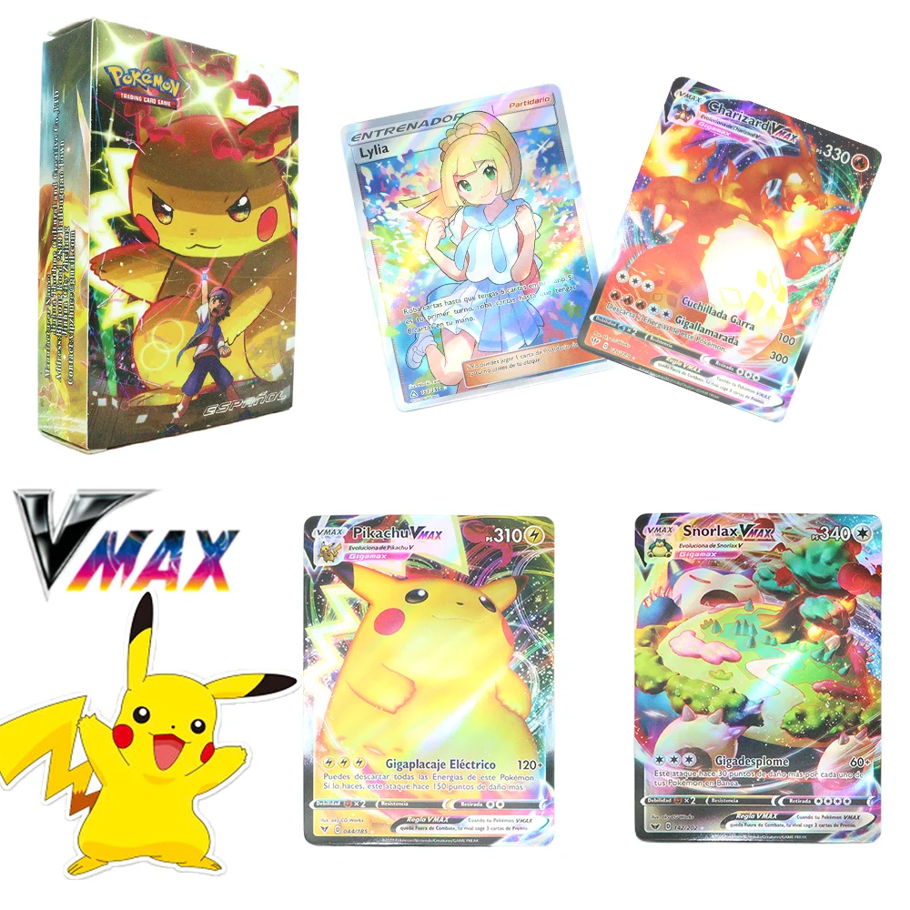 เกมอะนิเมะ Pokemon Hobby 55-100Pcs ภาษาอังกฤษฝรั่งเศสสเปนการ์ด Vmax GX EX Mega Mewtwo Pikachu Blastoise Mew คอลเลกชันของขวัญของเล่น