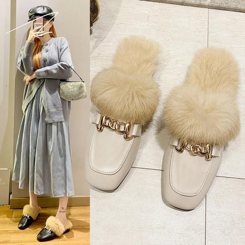 

Fuzzy Slippers Women Wear New Metal Buckle Toe-covered Cotton Slippers In Autumn And Winter Fashion Low Heel Muller Shoes