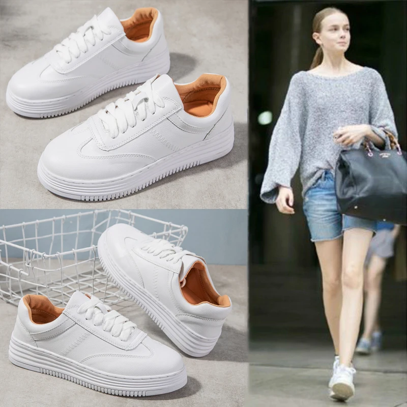 Women Fashion White Split Leather Chunky Sneakers White Shoes Lace Up Women's Tennis Shoes vulcanise Platform Woman Casual Shoes