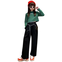kids suit striped tops pants with chain bag two pieces costume for teen girls spring autumn clothing sets 5 7 8 9 11 13 14yrs