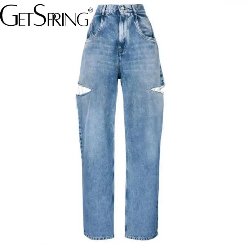 

GetSpring Women Denim Pants 2022 Summer Both Sides Holes High Waist Beggar Washed Blue Straight Jeans Loose Casual Long Trousers