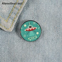 cat drives a ufo printed pin custom funny brooches shirt lapel bag cute badge cartoon cute jewelry gift for lover girl friends