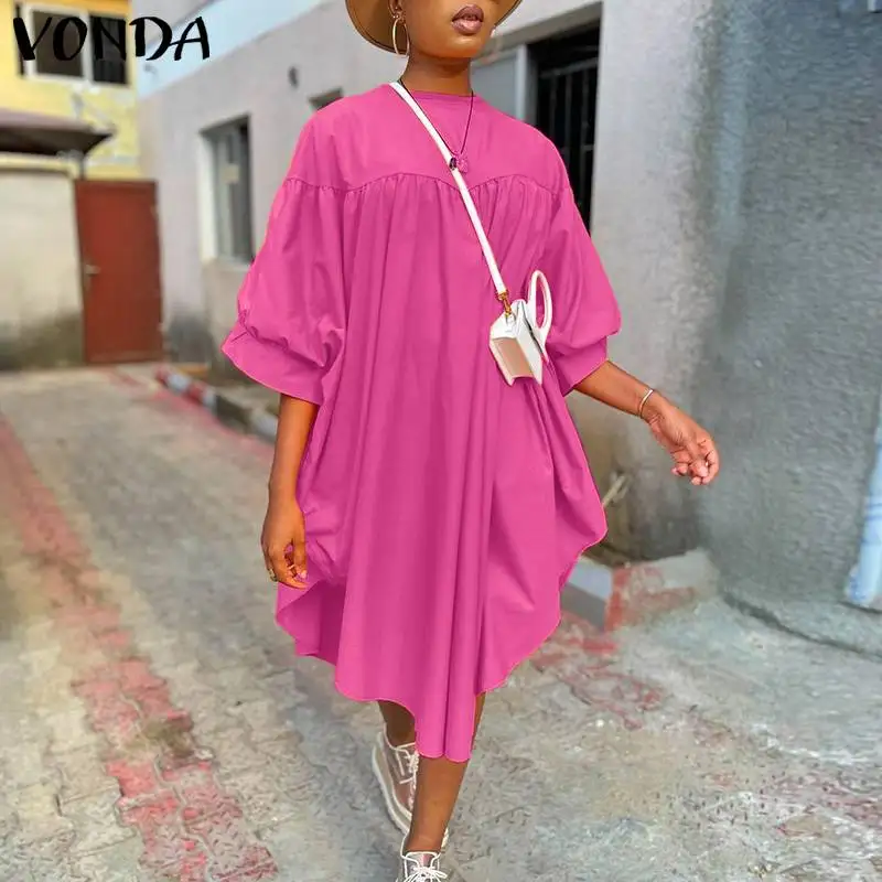 

VONDA Women Casual Round Neck Puff Sleeve Midi Dresses Ladies Solid Color Asymmetric Hem Baggy Vestidos Female A-Lined Robes
