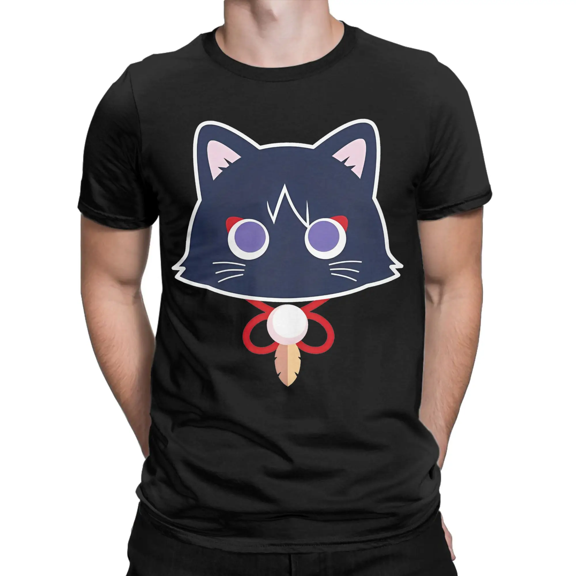 Фото Футболка Scarameow Wanderer Cat для мужчин и женщин, забавная футболка Genshin Impact из 100% хлопка, футболка с круглым вырезом, оригинальная одежда №2