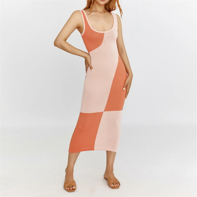 

Женское трикотажное облегающее платье, повседневное контрастное облегающее платье контрастных цветов без рукавов, с открытой спиной и глубоким вырезом, оранжевое уличное платье
