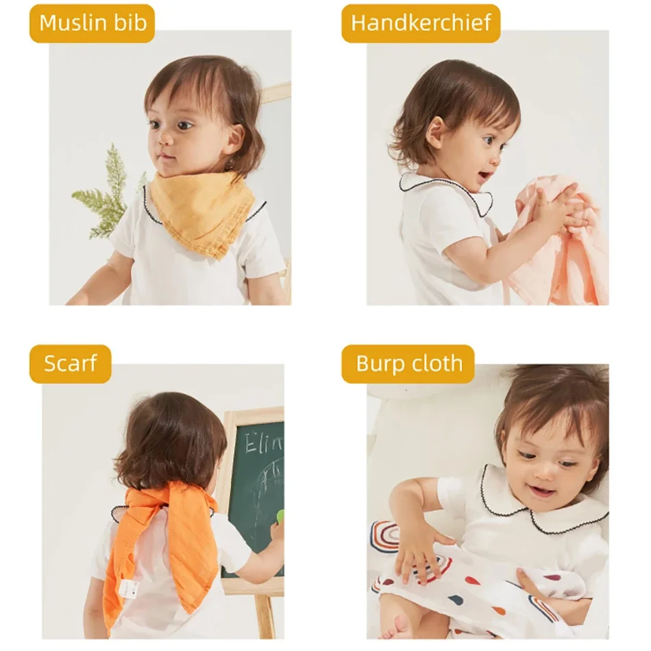 Elinfant 5pcs Gift Set Bamboo Cotton Muslin Bib Burp Cloth 100% Cotton 60*60cm 2 Layers Baby Scarf Handkerchief images - 6