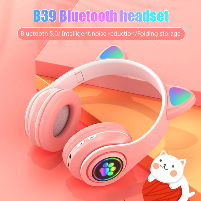 2022 New B39 Bluetooth Wireless Headphones Cute Cat Ears HIFI Stereo Foldable Earphone For Gamers With Mic For Kids Women Gifts enlarge