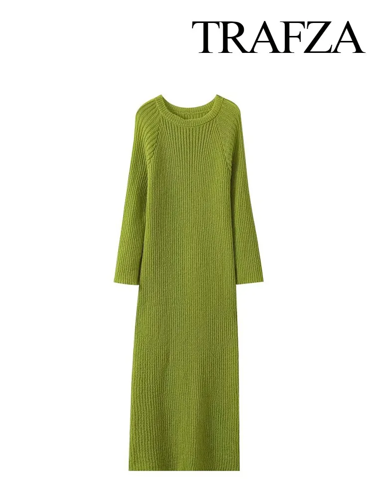 

TRAFZA Autumn New Fashion Women Chic Long Dresses Solid Color O-Neck Long Sleeves Knitting Dress Female Vintage Slim Dresses