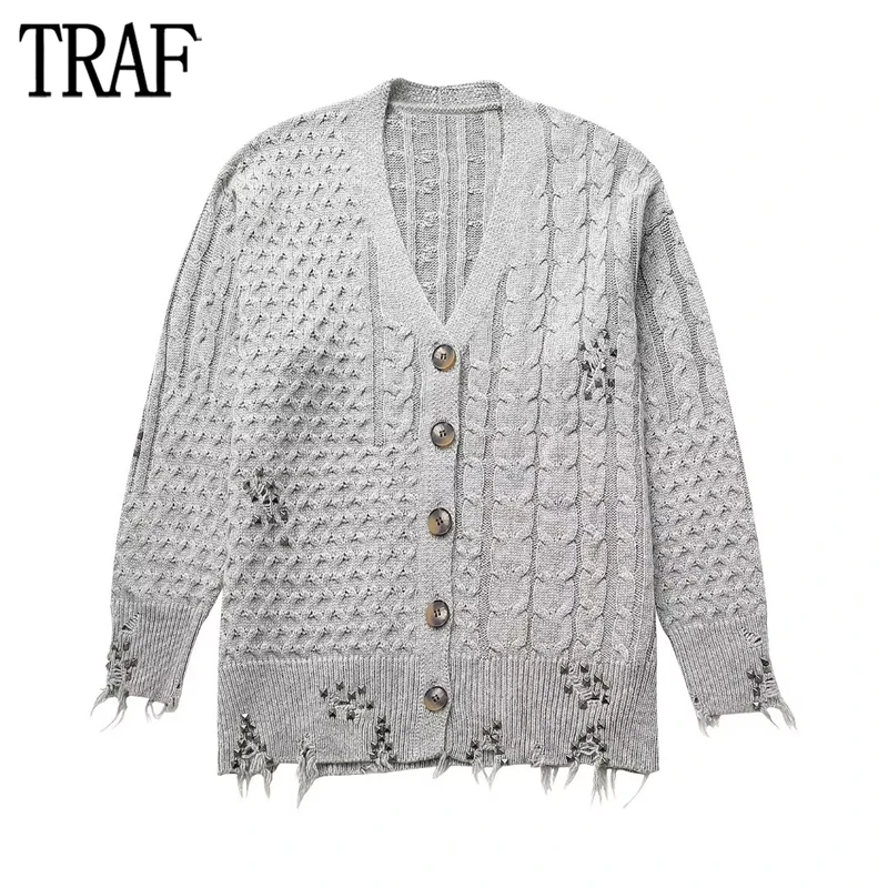 

TRAF 2023 Studs Ripped Cardigans for Woman Cable Knitted Sweater Cardigan Women Long Sleeve Oversize Sweater Woman New Knitwears